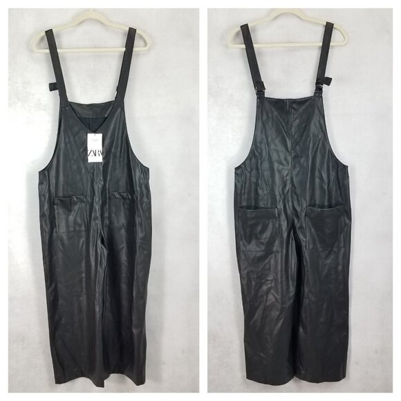 NEW ZARA S Jackie Faux Leather Jumpsuit Bloggers Favorite Crop Black Reversible - Picture 2 of 15